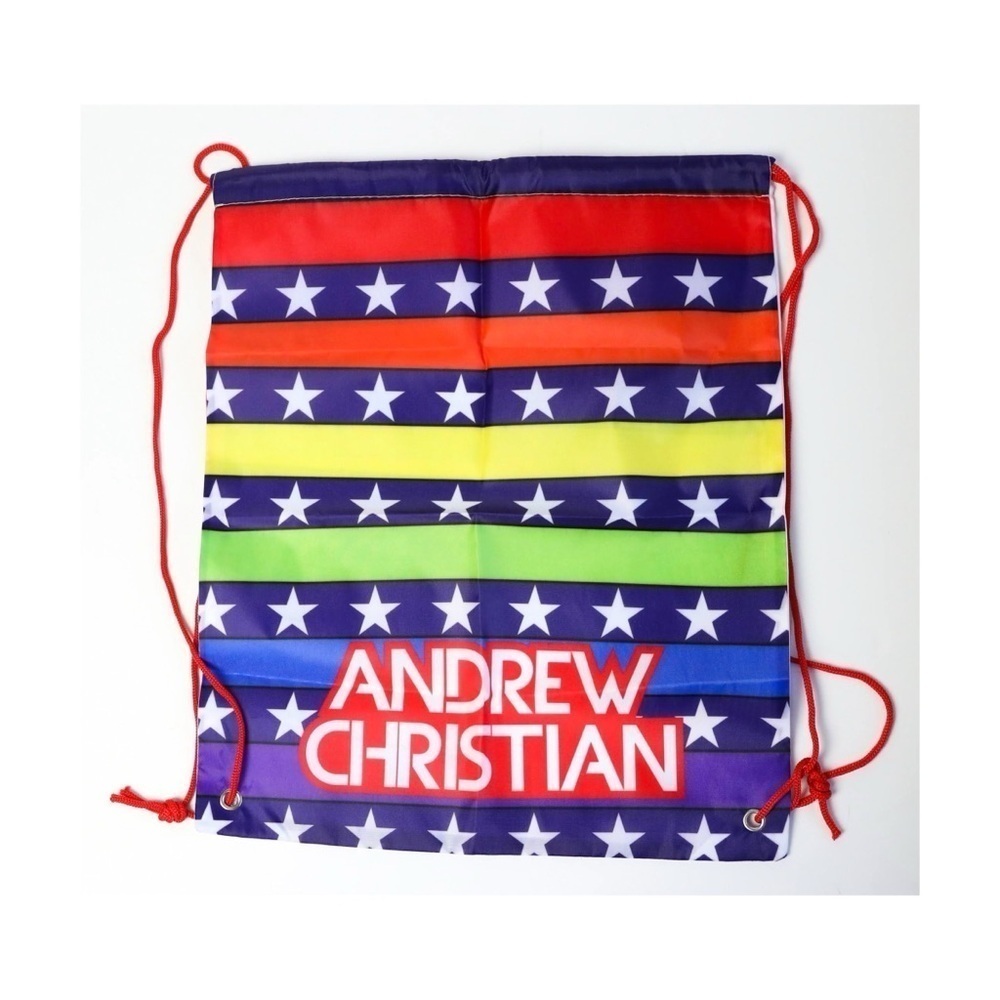 Andrew Christian drawstring bag backpack travel logo lightweight sporty pride